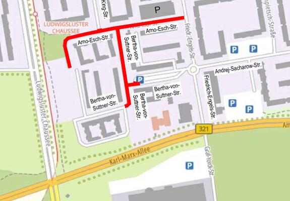 Blick auf die betroffenen Bereiche in der Arno-Esch- und der Bertha-von-Suttner-Straße, Quelle: GeoBasis-De/M-V