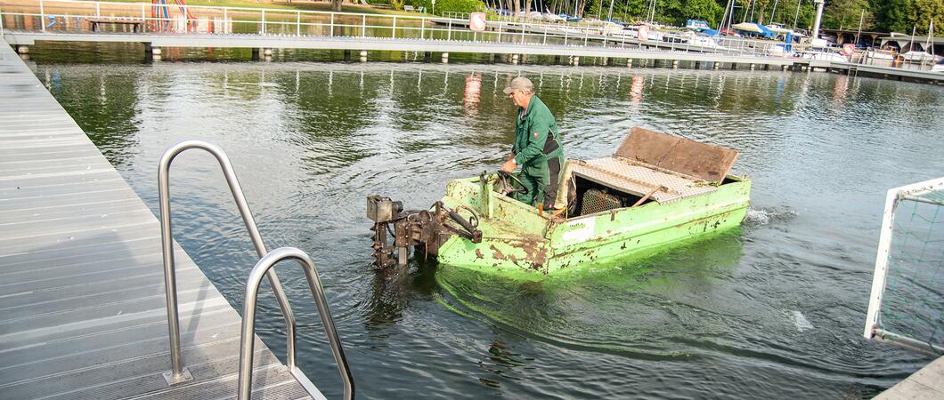 Wer an den beliebten Badestellen der Schweriner Seen zur Erfrischung ins Wasser steigt, möchte möglichst nicht zwischen hochgewachsenen Wasserpflanzen plantschen. Damit das unangenehme Grün keine Chance hat, setzt der SDS Spezialtechnik ein.