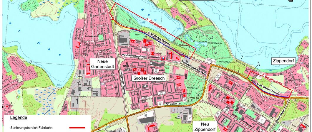 Blick auf den Bereich der Arbeiten in der Crivitzer Chaussee, Grafik: GeoBasis-DE / M-V 2003