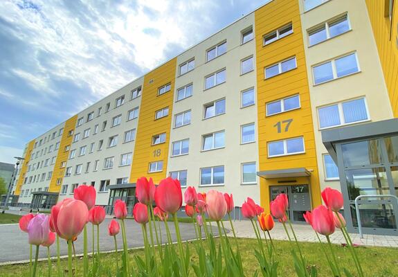 Die Edgar-Bennert-Straße 12-22 kommt seit der Modernisierung 2019 in einem freundlichen Gelb daher, Fotos: WGS