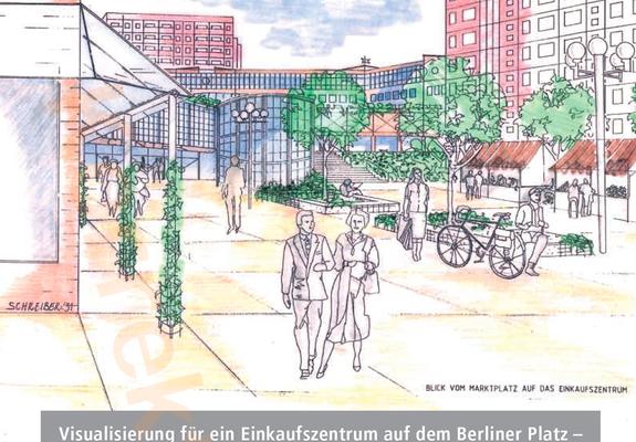 So hätte das Center mit den grünen Arkaden, Bänken und Marktständen aussehen können