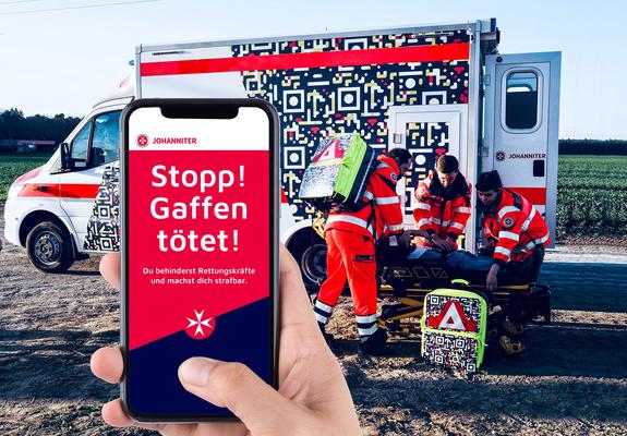 Der Code löst auf dem Handy der Filmenden automatischen den Warnhinweis „Gaffen tötet!“ aus und schlägt eine Weiterleitung auf auf die Seite www.gaffen-toetet.de vor
