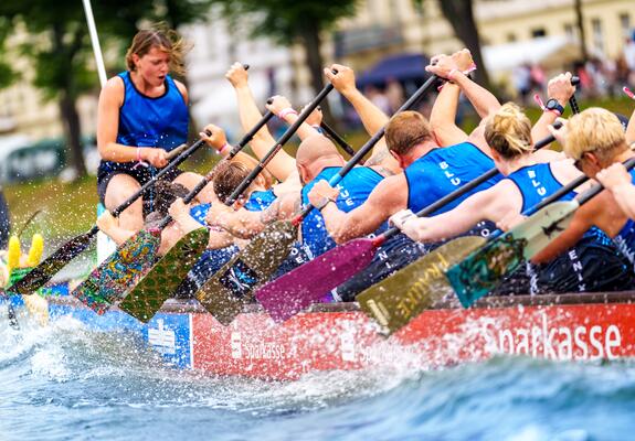Die Teams paddeln beim Drachenbootfestival auf dem Pfaffenteich wieder um die schnellste Zeit