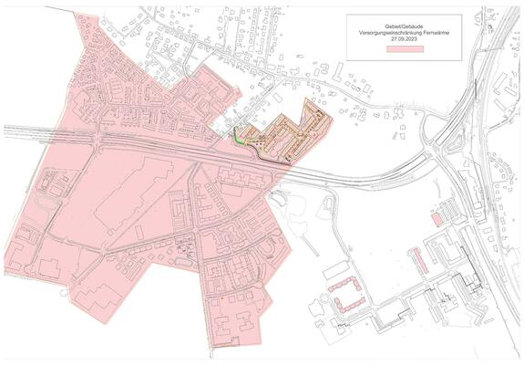 In dem markierten Bereich Krebsfördens kommt es aufgrund von Reparaturarbeiten am 24. Oktober zu einer zeitweisen Unterbrechung der Fernwärme- und Warmwasserversorgung, Grafik: Stadtwerke Schwerin