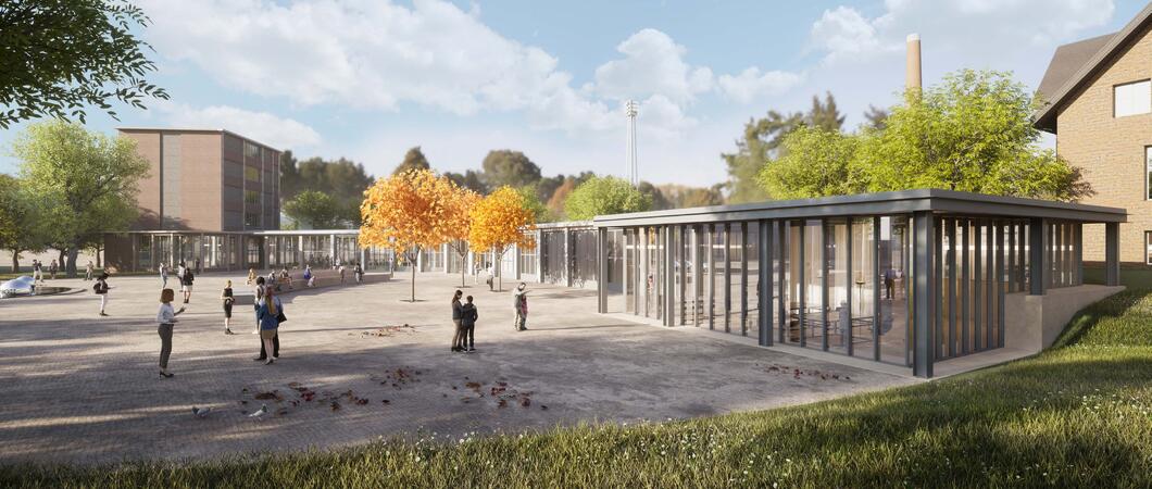 Für das Schaumagazin soll im denkmalgeschützten Eingangsbereich des früheren Kraftfahrzeuginstandsetzungswerkes der fünfgeschossige Büroturm und der angegliederte bogenförmige Garagentrakt genutzt werden, Grafiken: Max Dudler GmbH