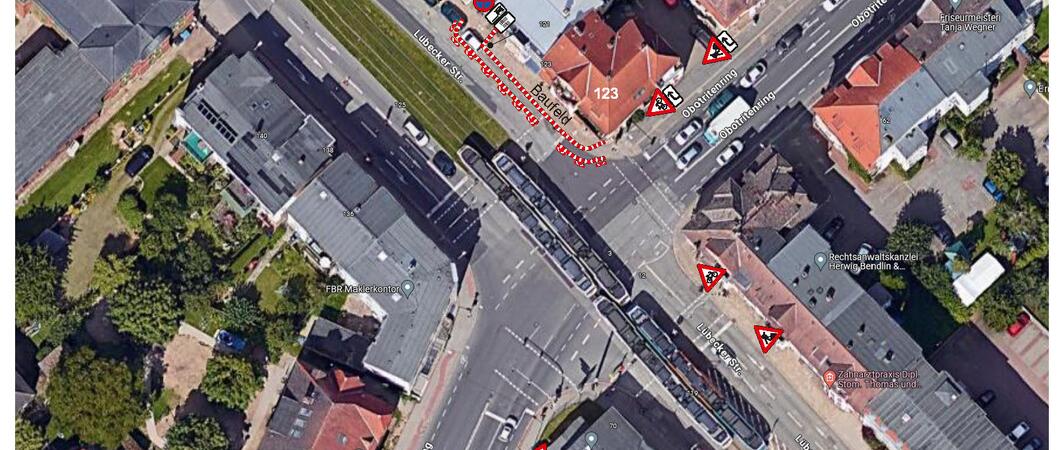 Blick auf den Bereich der Instandsetzungsarbeiten in der Lübecker Straße, Quelle: K & T Verkehrsleitung GmbH