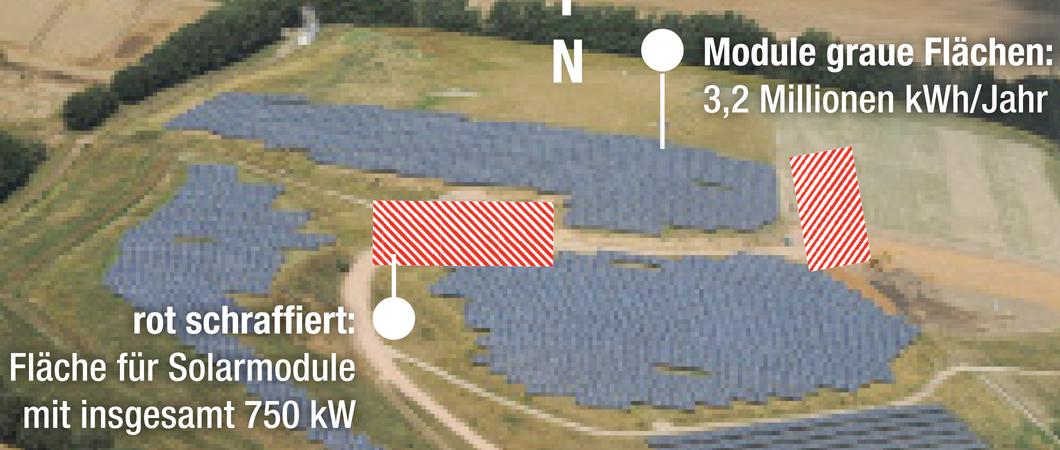 Auf den schraffierten Flächen werden weitere Solarmodule montiert