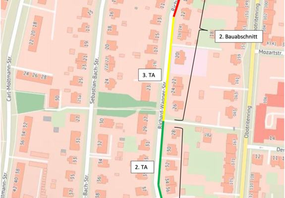 Die Richard-Wagner-Straße wird ab Montag in mehreren Teilabschnitten instandgesetzt, beginnend mit den Hausnummern 44 bis 38a, Grafik: SDS